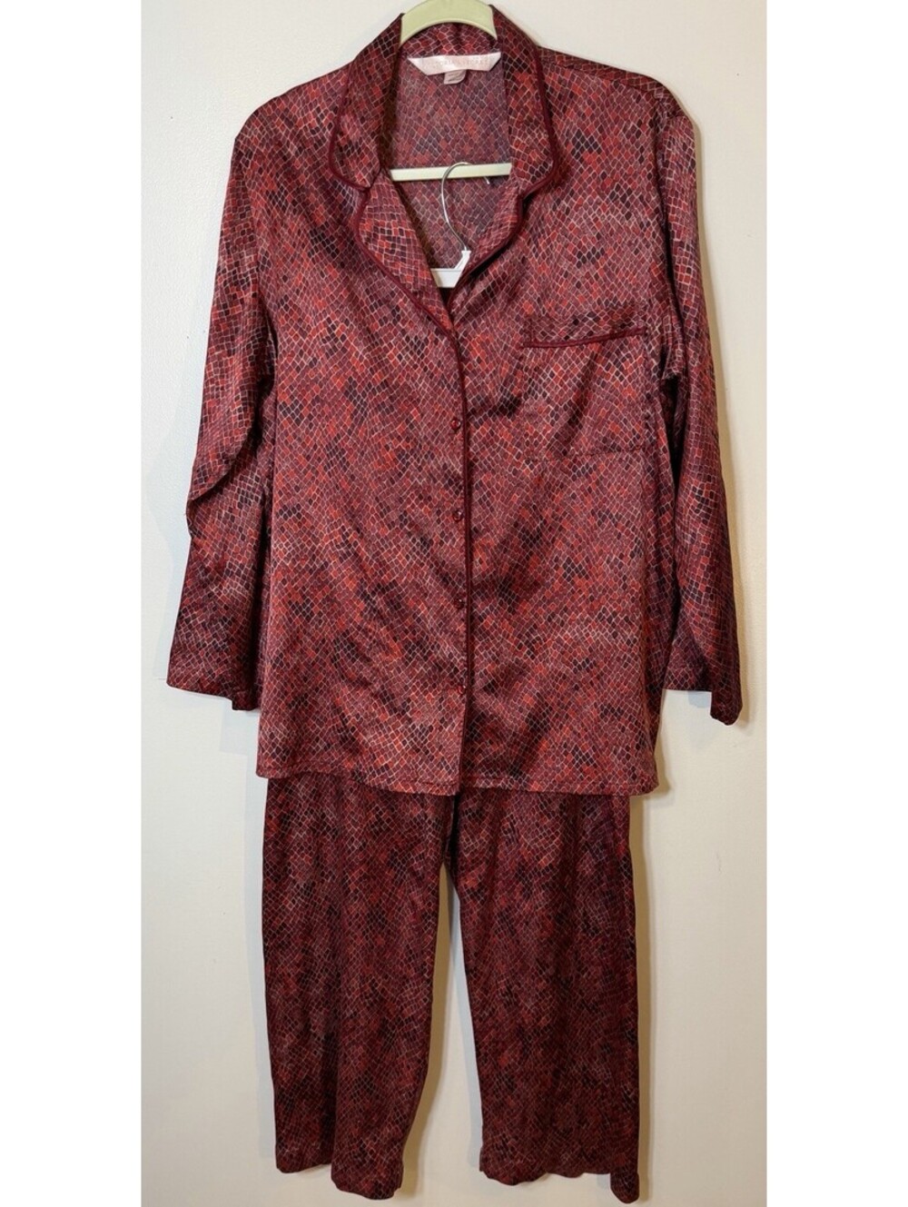 Victoria Secret Satin Pajama Set Med Red Black Snakeskin Print Button Up PJ GUC